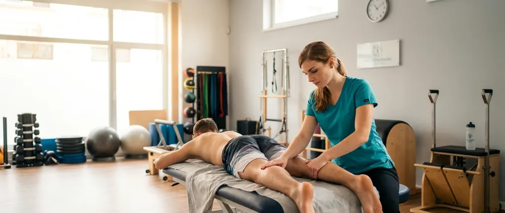 Terapeut provádí sportovní masáž nohy sportovce v moderním a čistém prostředí.