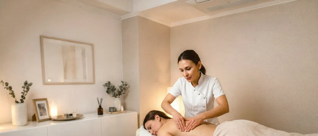 A therapist performs a deep tissue back massage, focusing on releasing deeper muscle layers.